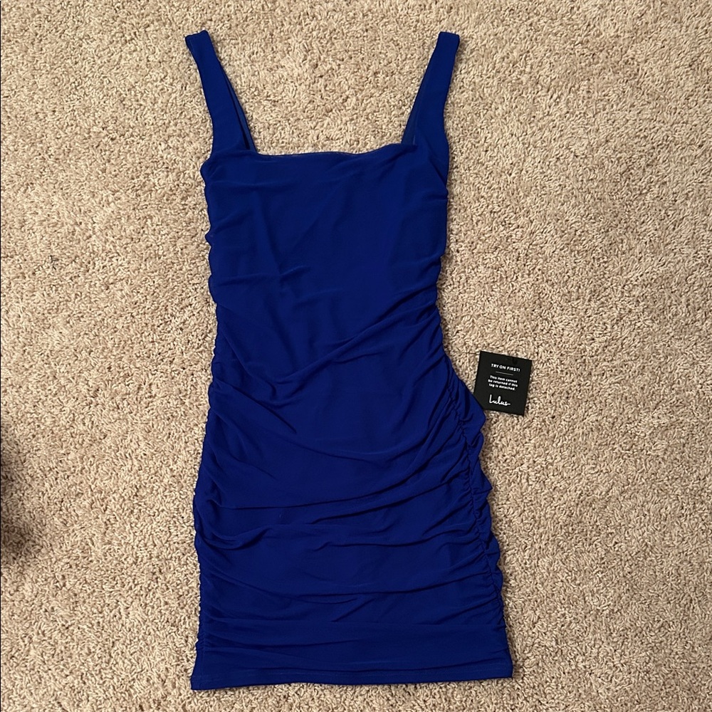 Lulu's Cobalt Square-Neck Ruched Bodycon Mini Dress